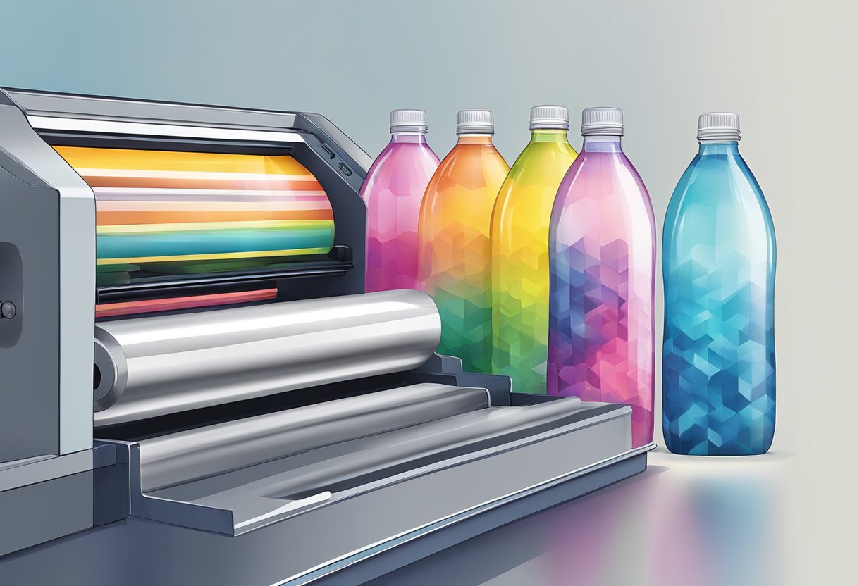 A water bottle being printed with a colorful design using a digital printing machine