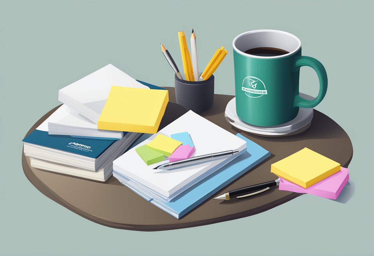 A desk with a stack of branded post-it notes, a logoed pen, and a company mug as a corporate gift