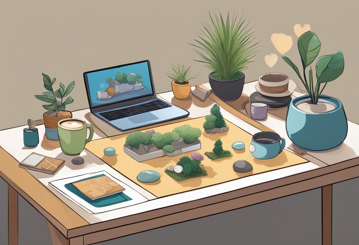A table covered in quirky gifts: a mini zen garden, a puzzle mug, a desktop punching bag, and a personalized bobblehead