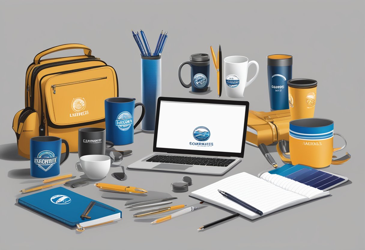 A table with various custom logo corporate gifts displayed, including pens, notebooks, and mugs. Brand logos are prominently featured on each item
