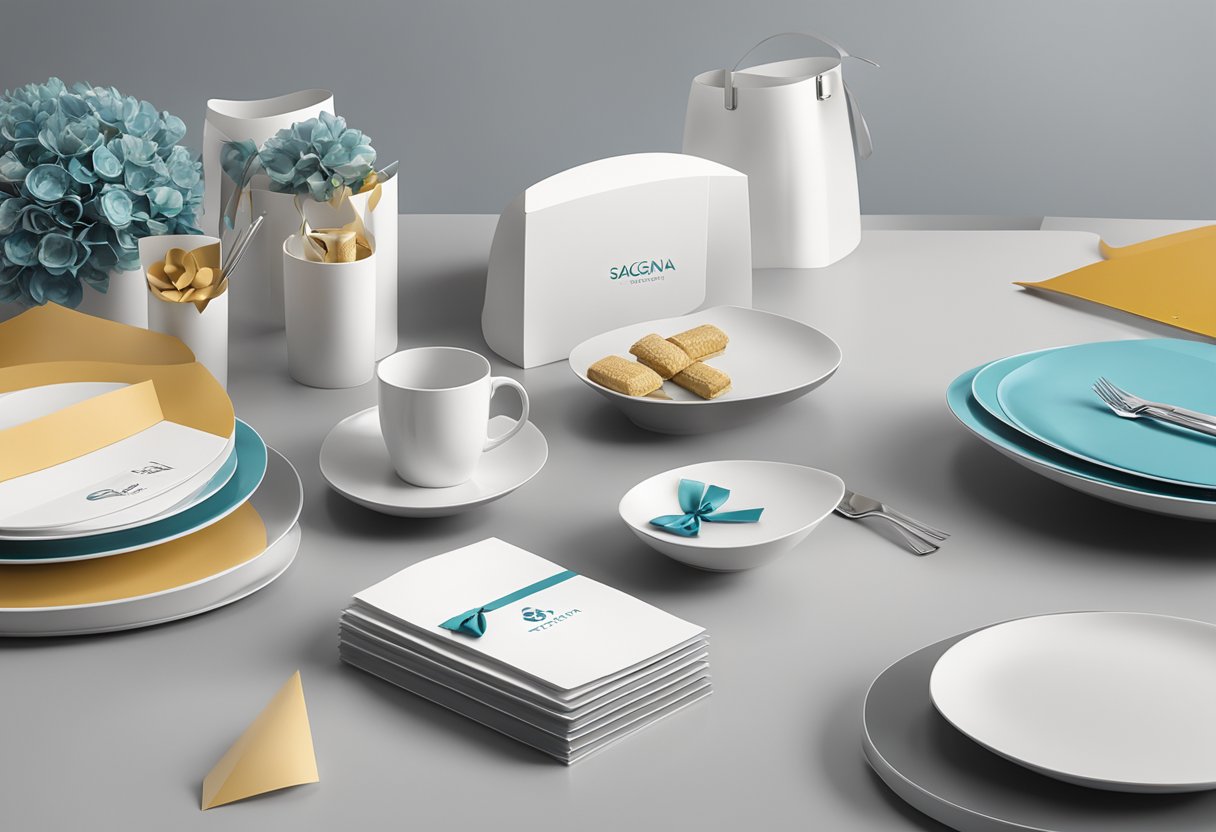 A table adorned with elegant corporate gifts, branded with the Sagana logo, displayed in a sleek and modern setting