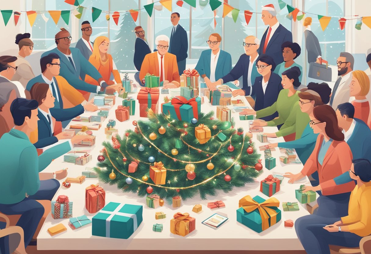 A table adorned with various unique corporate Christmas gifts, surrounded by curious onlookers