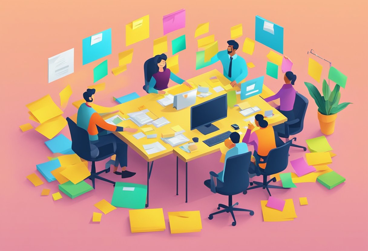 A desk adorned with colorful Post-It notes, surrounded by smiling coworkers, a logo-branded box of notes in the center