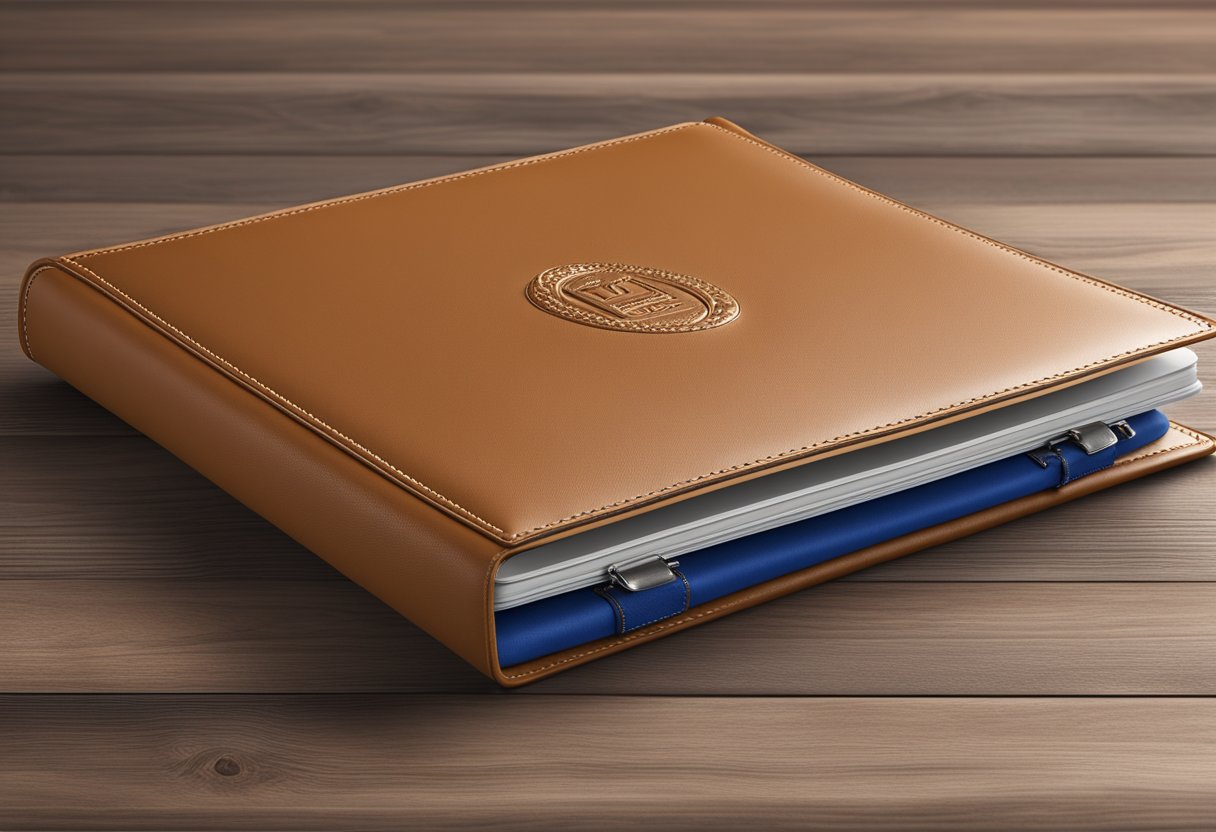 A leather portfolio with "Frequently Asked Questions" embossed on the cover, displayed as a corporate gift