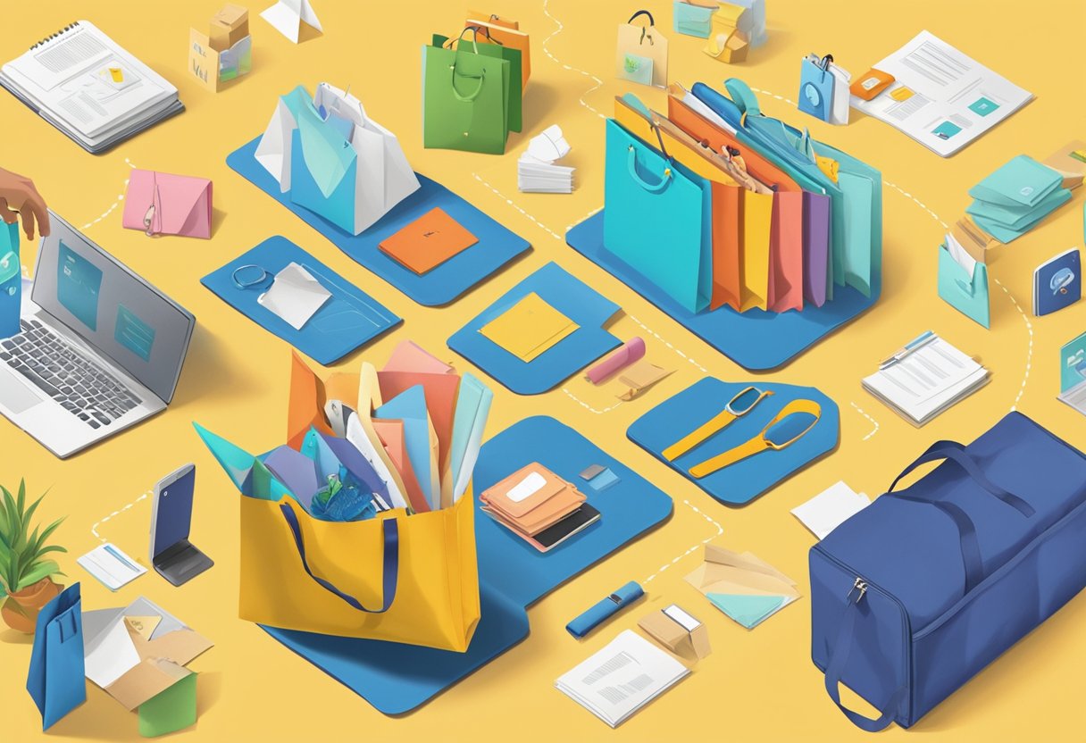 A custom foldable bag with "Frequently Asked Questions" printed on it, surrounded by various items being placed inside, and a customer happily using it for shopping