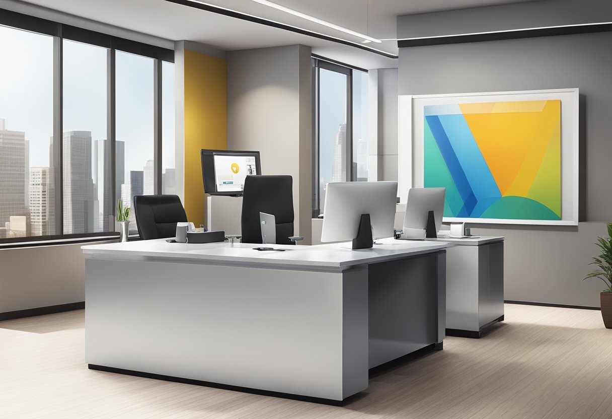 A table displays various corporate gifts, including branded items and custom packaging, in a sleek and professional office setting
