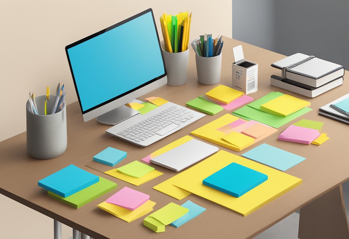 A desk with eco-friendly post-it notes and innovative corporate gifts displayed