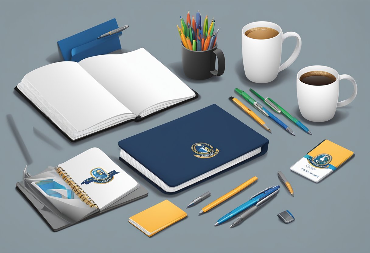 A table adorned with branded pens, notebooks, and mugs. A company logo prominently displayed on each item