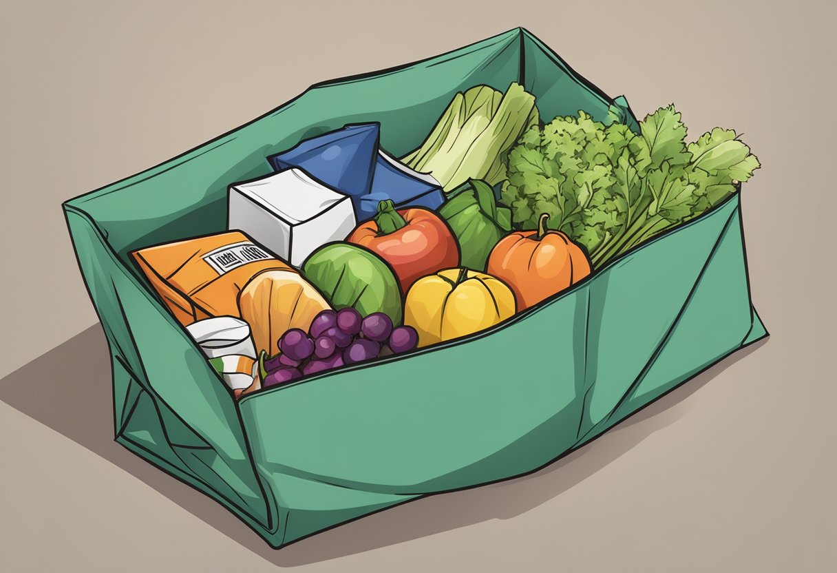 A foldable reusable bag lies open on a countertop, ready to be filled with groceries
