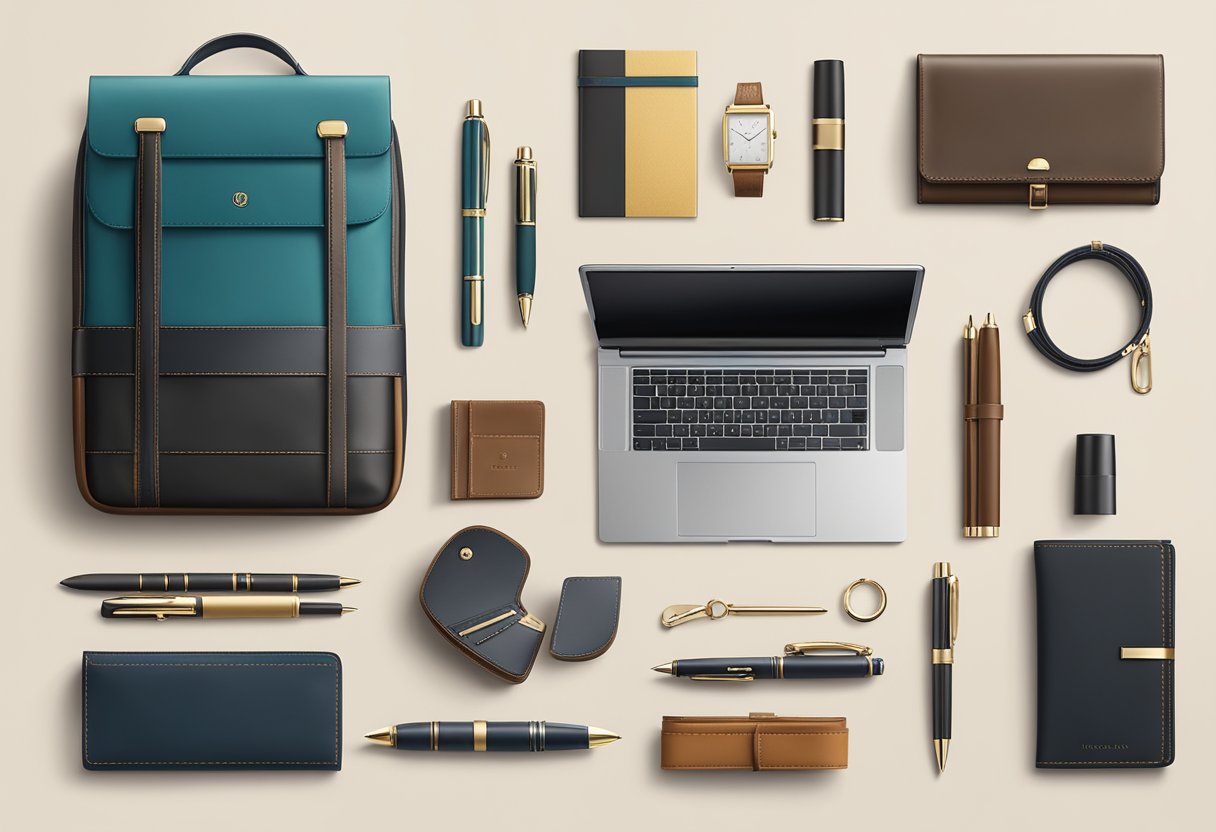 A table displaying premium corporate gift items such as luxury pens, leather notebooks, and branded tech accessories