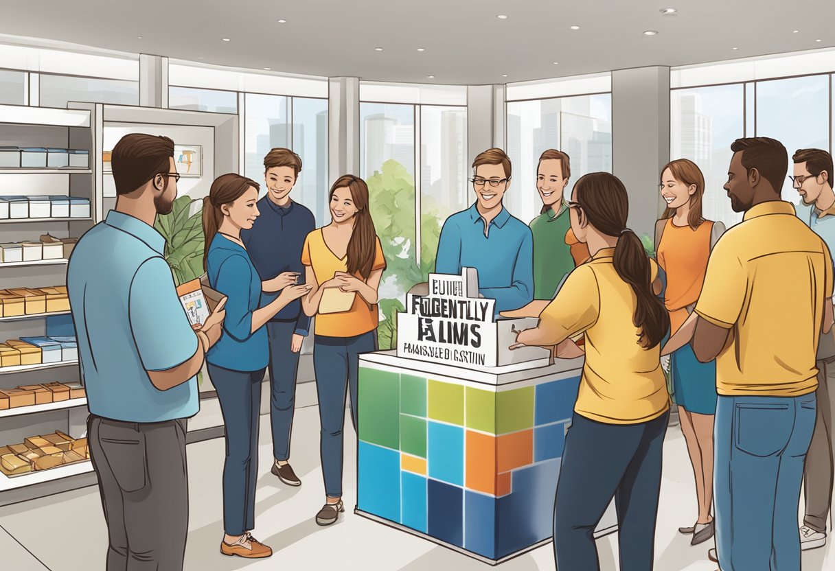 A group of people gathering around a custom logo corporate gift display, with a sign reading "Frequently Asked Questions" in the background