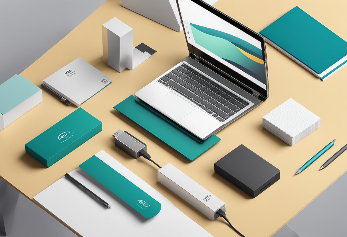 A sleek USB corporate gift box sits on a polished desk, surrounded by branded stationery and a modern laptop