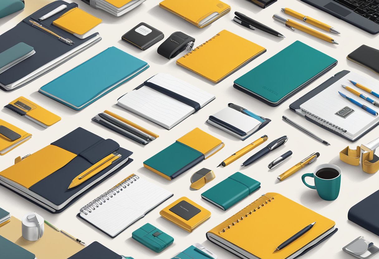 A table displaying a variety of custom-made corporate gifts, including branded pens, notebooks, and tech accessories, arranged neatly with company logos