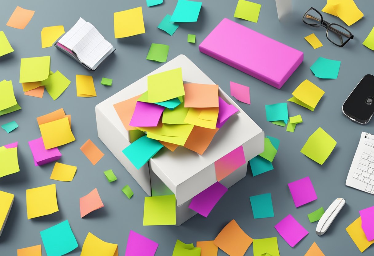 A desk with colorful "Frequently Asked Questions" post-it notes scattered around, with a corporate gift box placed in the center