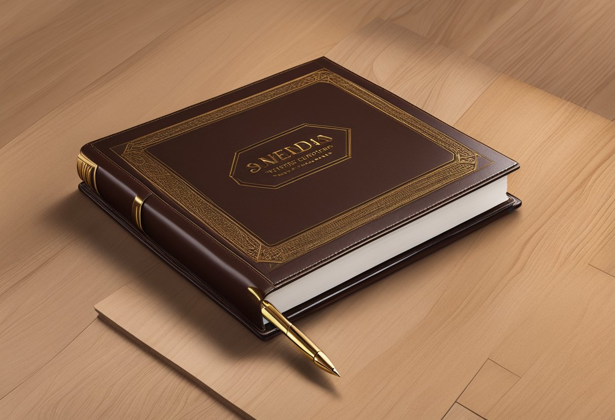 A sleek, leather-bound journal with gold embossing sits atop a polished mahogany desk, surrounded by a set of high-end pens and a custom-engraved nameplate