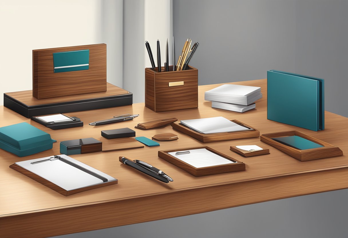 A collection of wooden corporate gifts displayed on a polished conference table, including engraved plaques, sleek desk organizers, and elegant pen sets