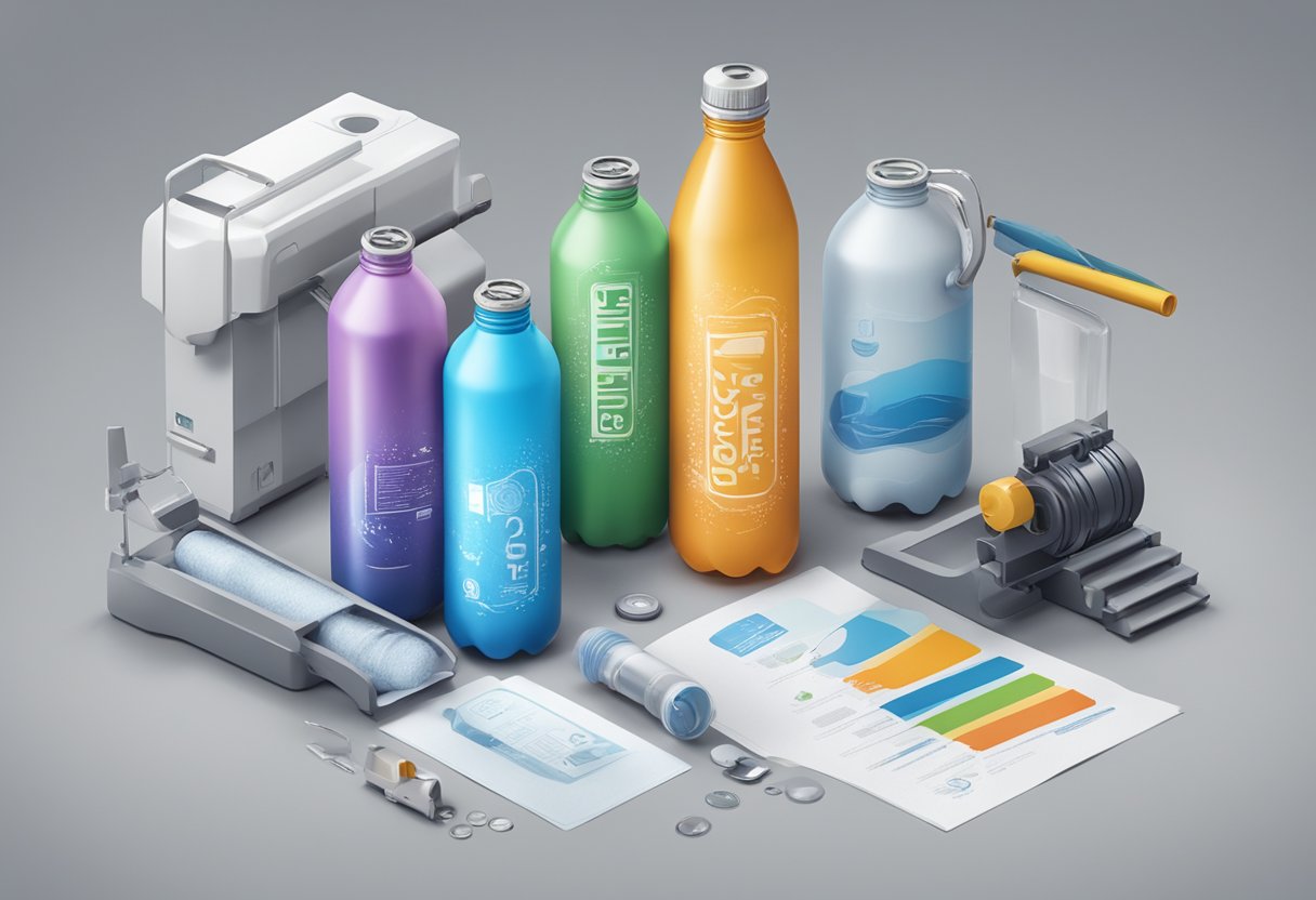 A water bottle being printed with "Frequently Asked Questions" text and a logo, surrounded by printing equipment and materials