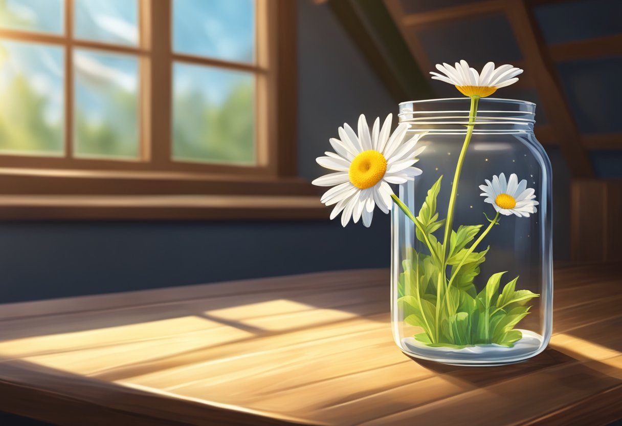 A single daisy in a glass jar on a wooden table, with a beam of sunlight illuminating it