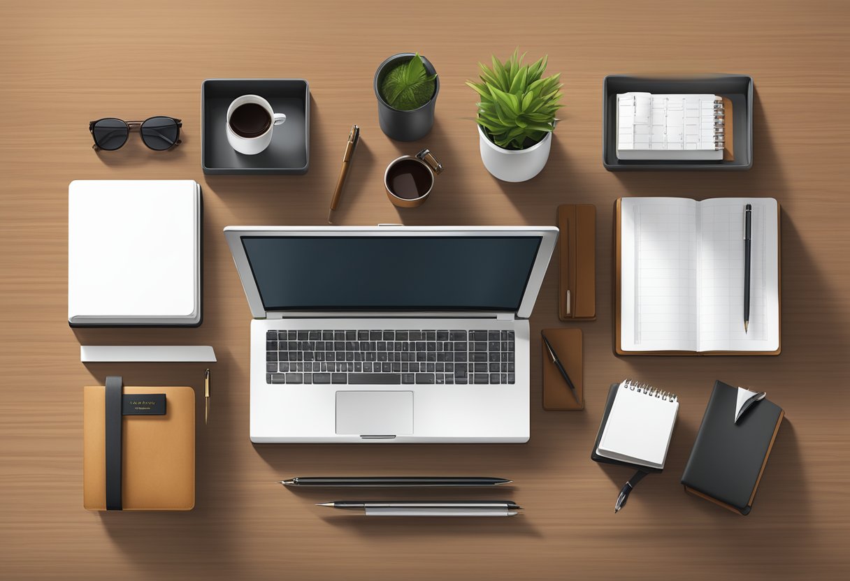 A sleek, modern office desk adorned with high-quality, personalized executive gifts, including luxury pens, leather-bound notebooks, and elegant desk organizers