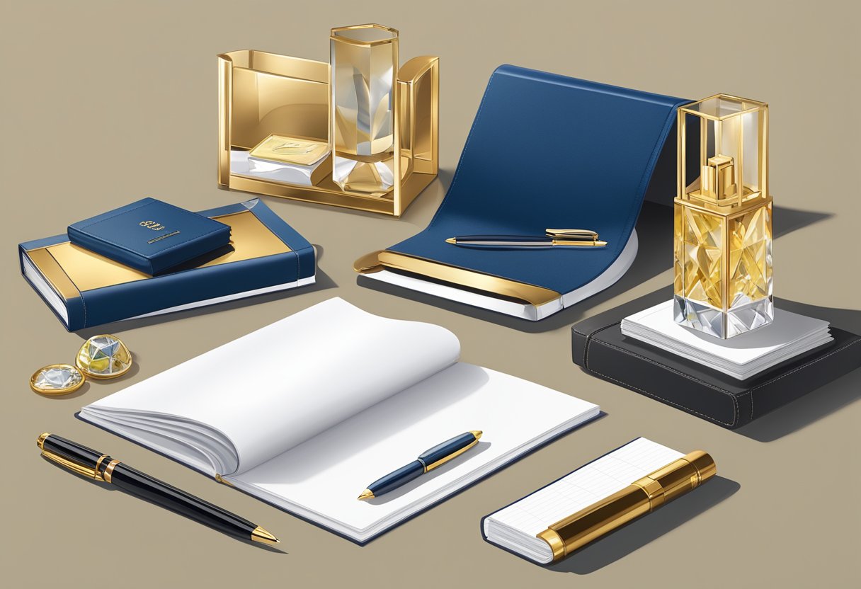 A sleek, modern office desk adorned with high-end corporate gifts, such as a crystal paperweight, leather-bound planner, and gold-plated pen set