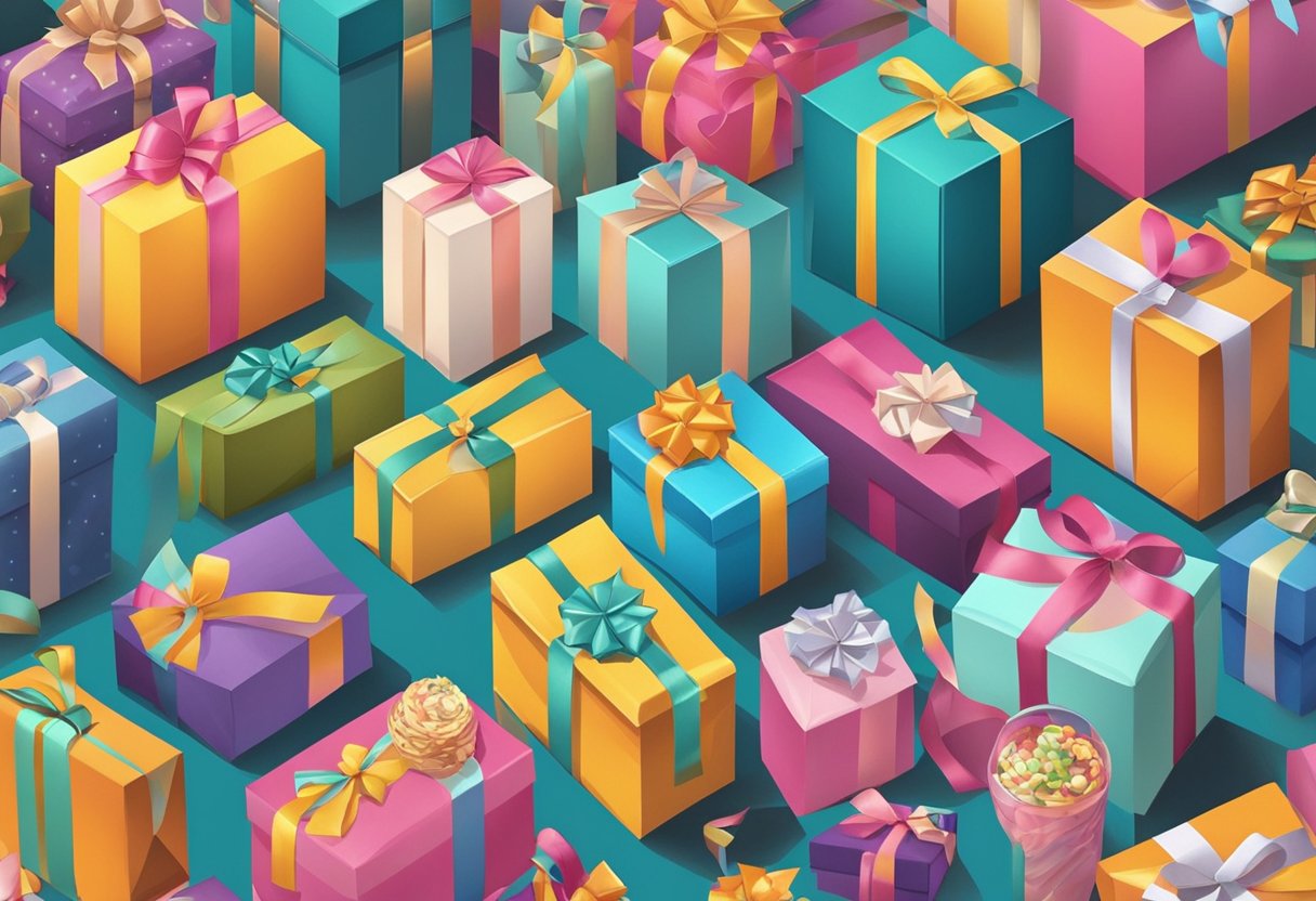 Colorful gift bags and boxes fill a table, with ribbons and tags. A variety of items like candles, snacks, and trinkets are displayed as potential door gifts