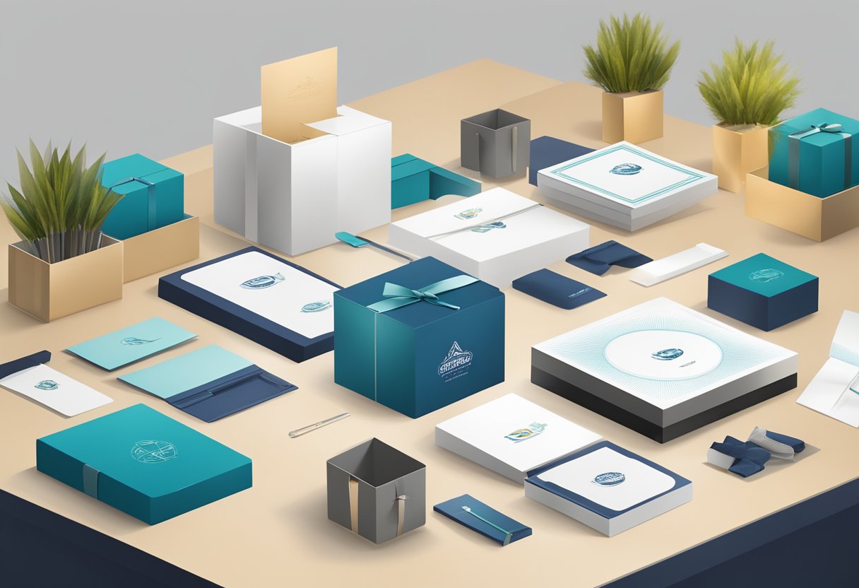 A hand reaches out to choose from an array of elegant corporate gifts displayed on a table. The logo of "Sagana Corporate Gifts" is prominently featured