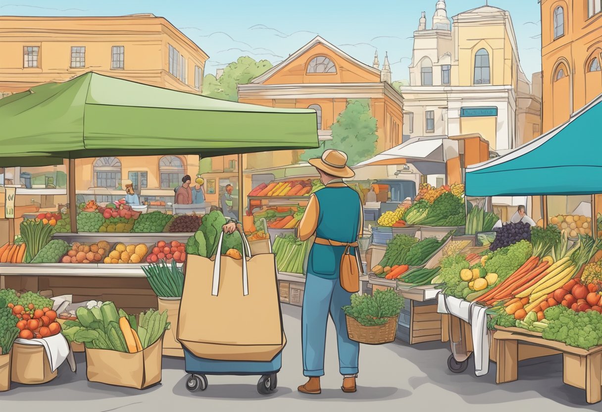 A colorful eco bag filled with fresh produce, flowers, and reusable items sits against a backdrop of a bustling farmer's market