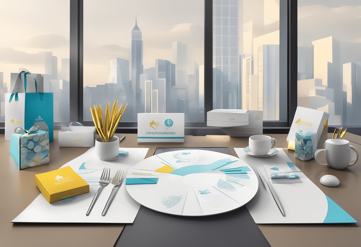 A table adorned with custom-made corporate gifts, including branded items and elegant packaging, displayed in a professional setting