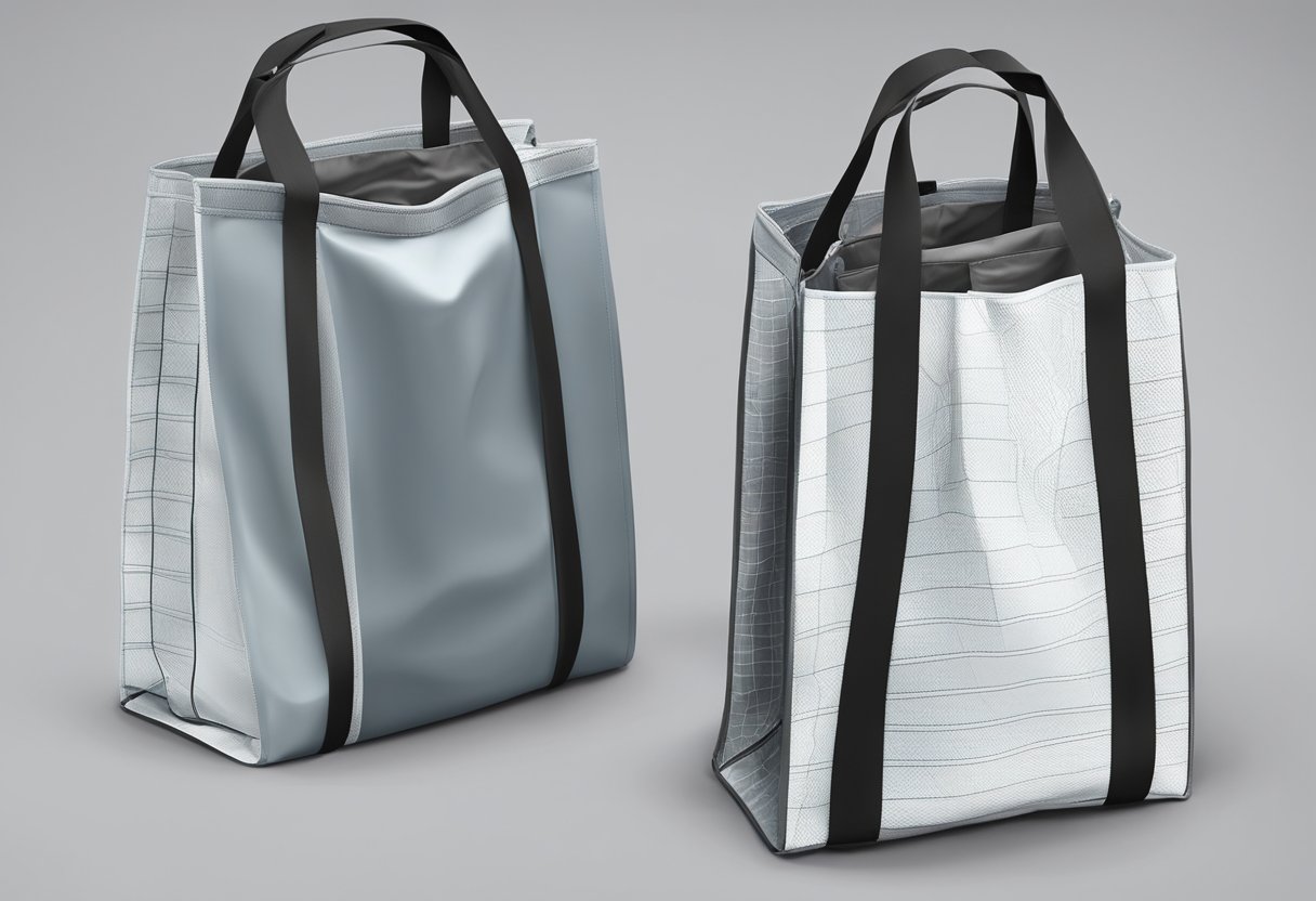 A reusable foldable bag unfolds to reveal multiple compartments and sturdy handles. It is being used to carry groceries, books, and a water bottle