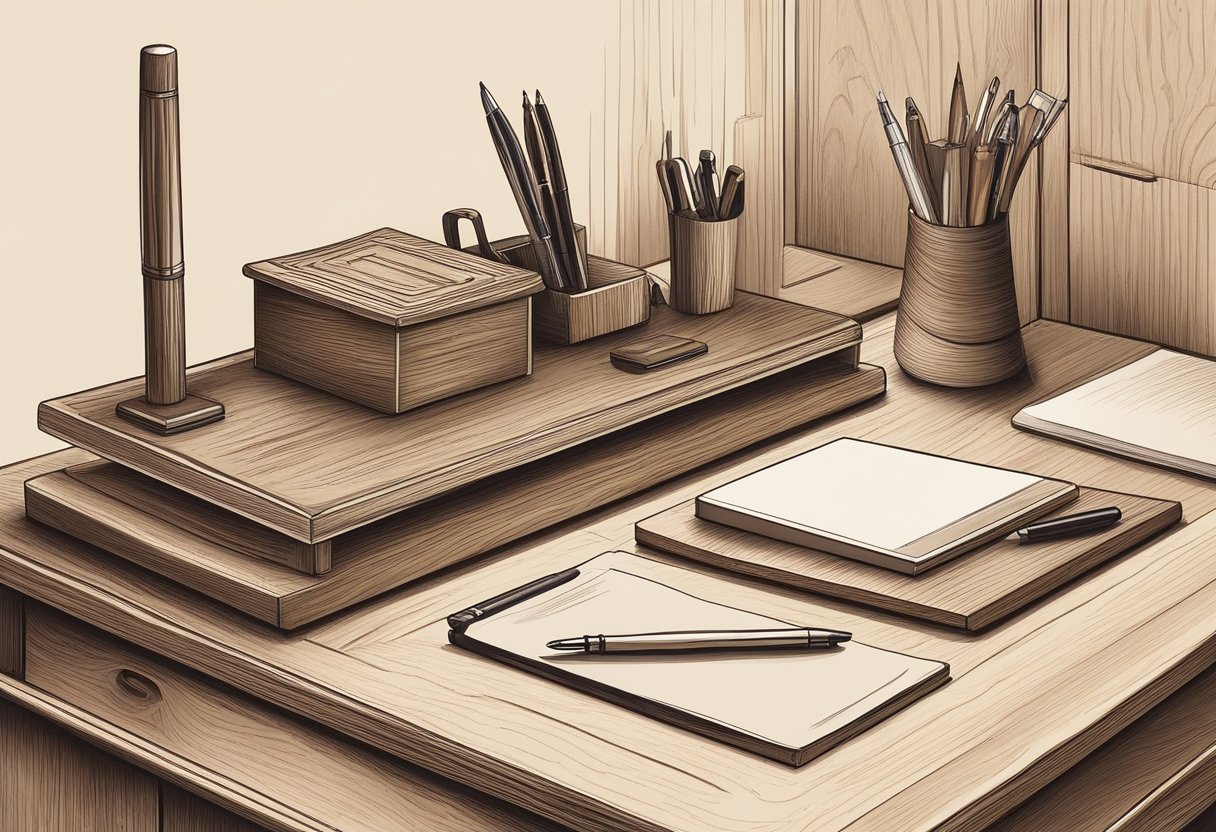 A hand reaches for a polished wooden pen set, beside a stack of engraved wooden plaques and a sleek wooden desk organizer