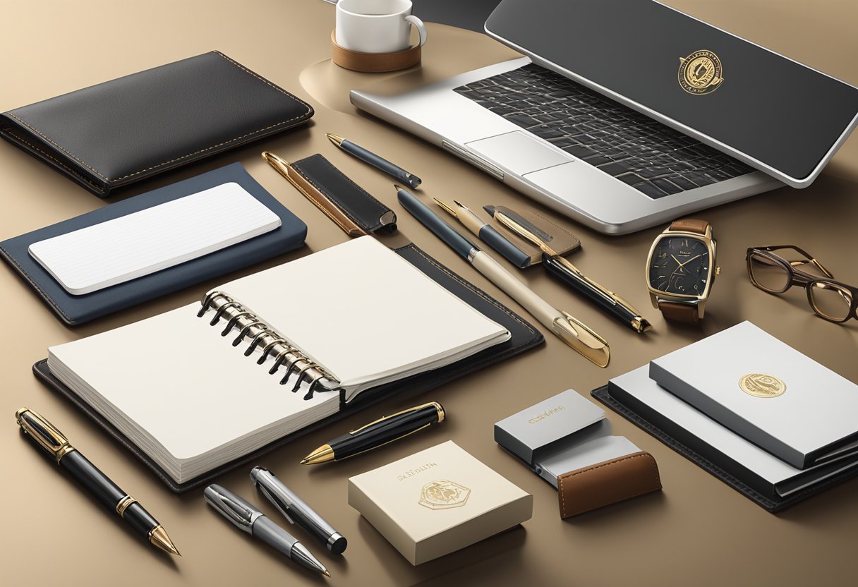 A table showcases premium corporate gift items, including branded pens, leather notebooks, and custom-engraved desk accessories