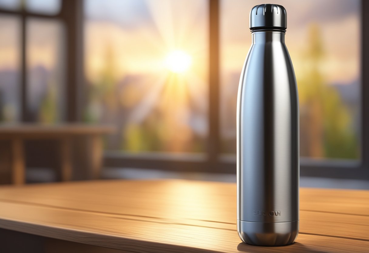 A stainless steel water bottle sits on a wooden table, condensation forming on its smooth surface. Sunlight filters through a nearby window, casting a warm glow on the bottle