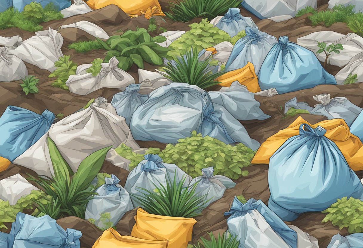 A pile of plastic bags spilling out of a landfill, while eco bags are neatly stacked nearby, surrounded by thriving plants and wildlife