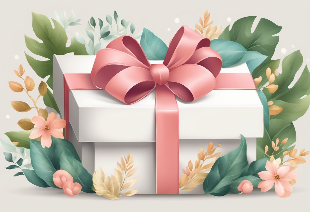 A single, elegant gift box with a simple ribbon, surrounded by soft, natural elements like leaves or flowers