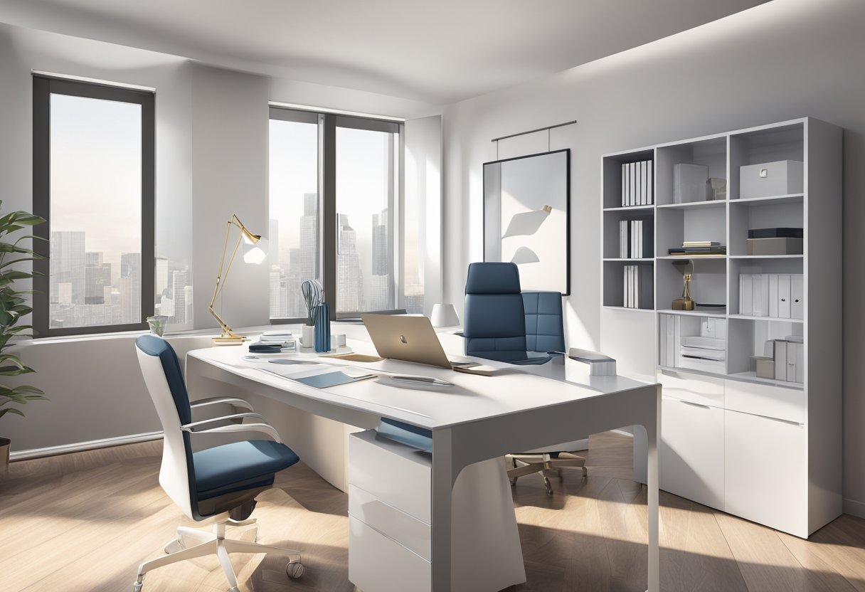 A sleek, modern office desk adorned with high-end corporate gifts and branded packaging. A sophisticated color palette and elegant presentation convey luxury and professionalism