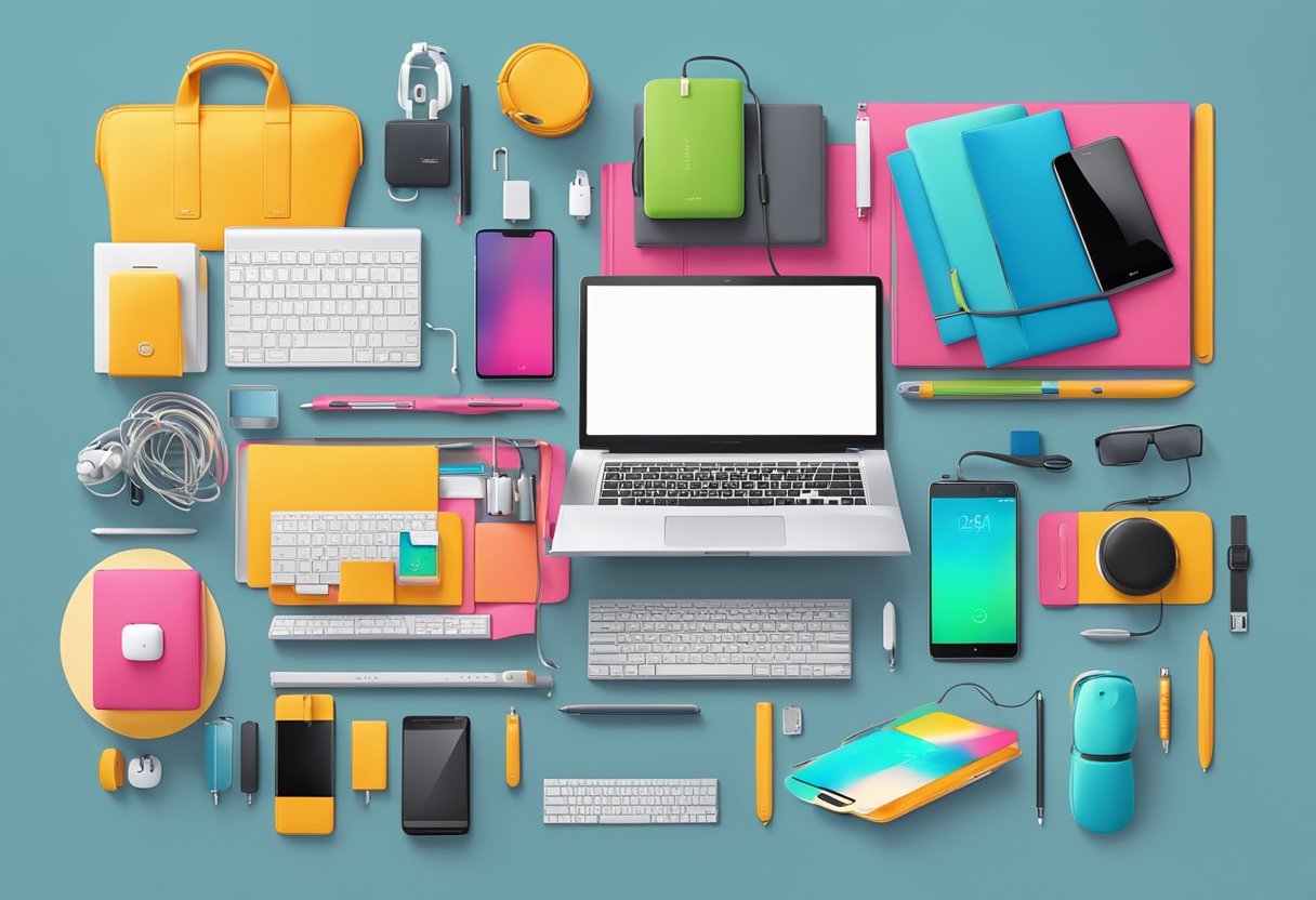 A table adorned with sleek, modern gadgets and electronic accessories, branded with the company's logo. Bright, vibrant colors and clean lines give off a professional and innovative vibe