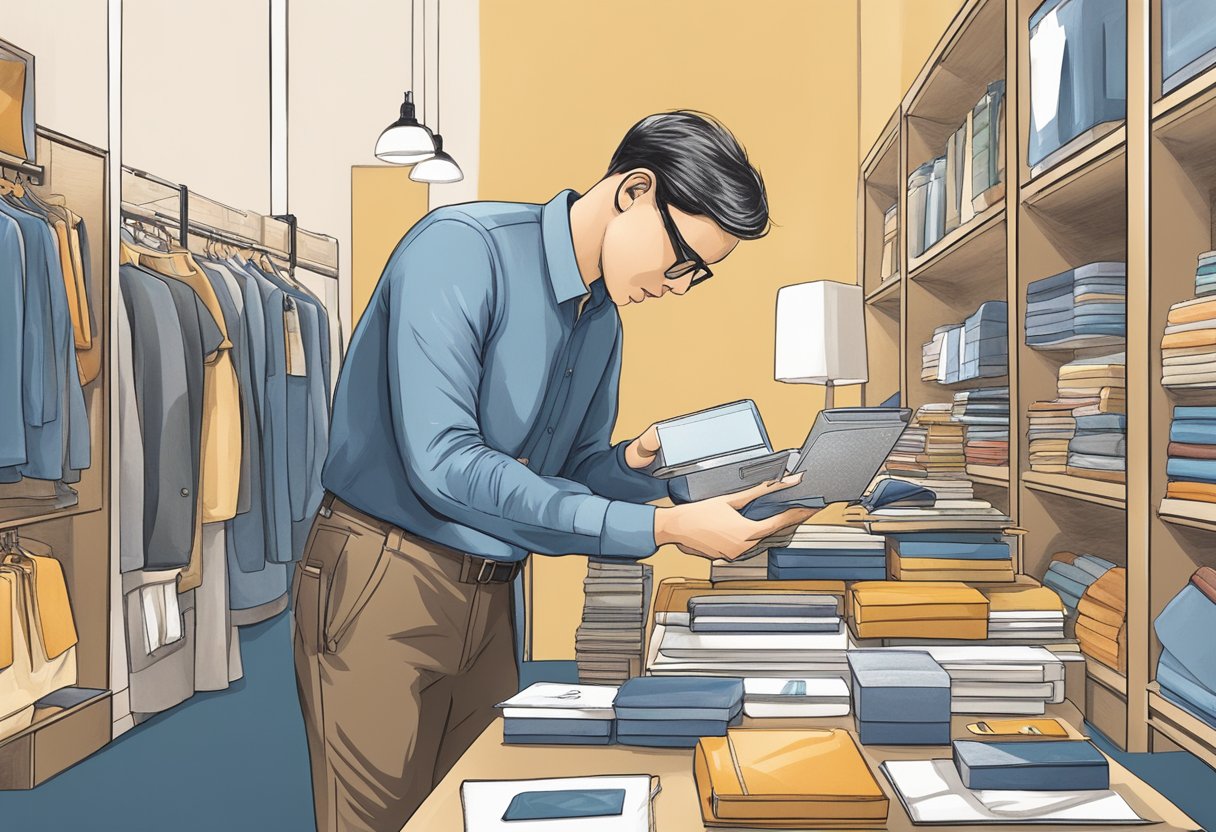 A person browsing through a variety of custom-made corporate gifts, carefully selecting and sourcing the perfect items for a company's needs