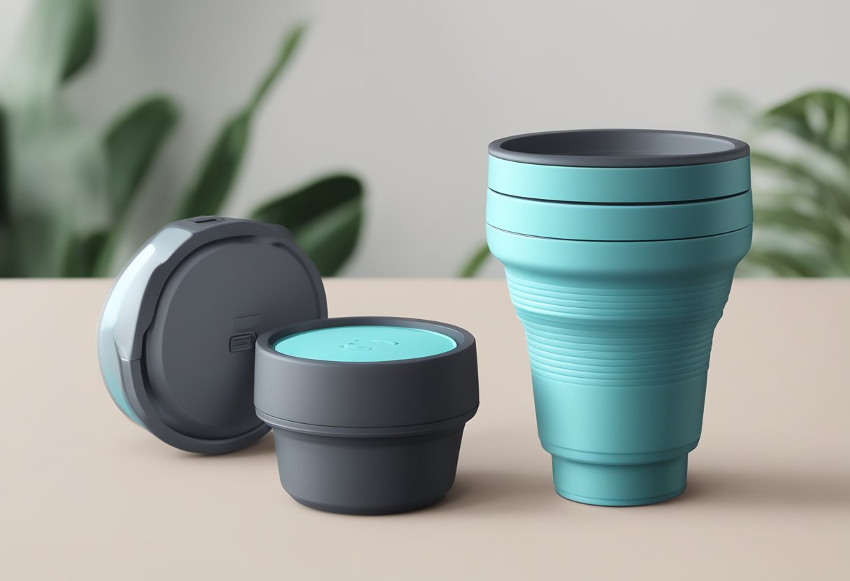 A hand reaches for the compact S1 350ml collapsible cup, showcasing its portability. The cup's silicone material and leak-proof lid are highlighted, emphasizing its durability and convenience