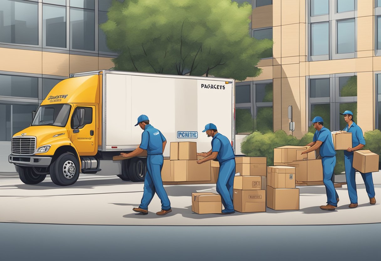 A delivery truck unloads wooden corporate gifts at a company's entrance. Employees sign for the packages, while others carry them inside