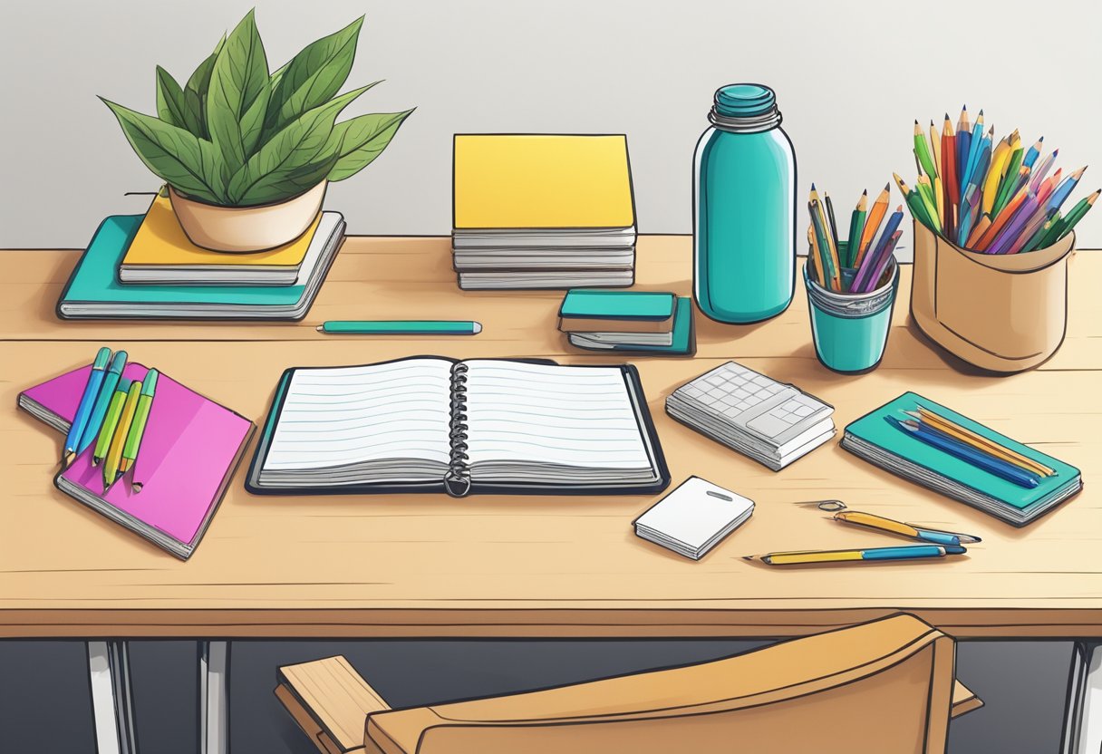 A desk with zero waste notebooks, made from recycled materials, surrounded by eco-friendly pens and pencils. A reusable water bottle sits nearby
