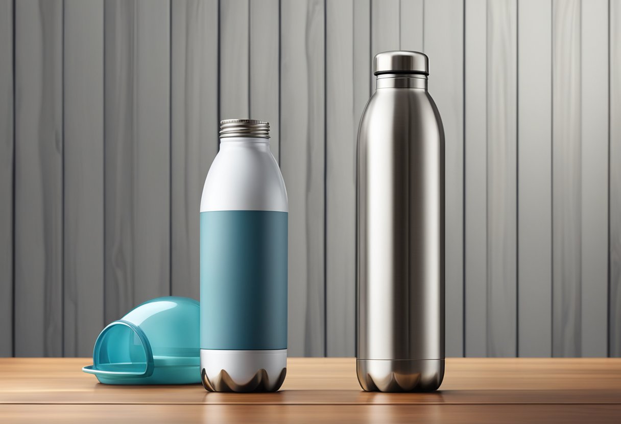A stainless steel water bottle stands on a wooden table, reflecting the surrounding environment with its sleek and durable design
