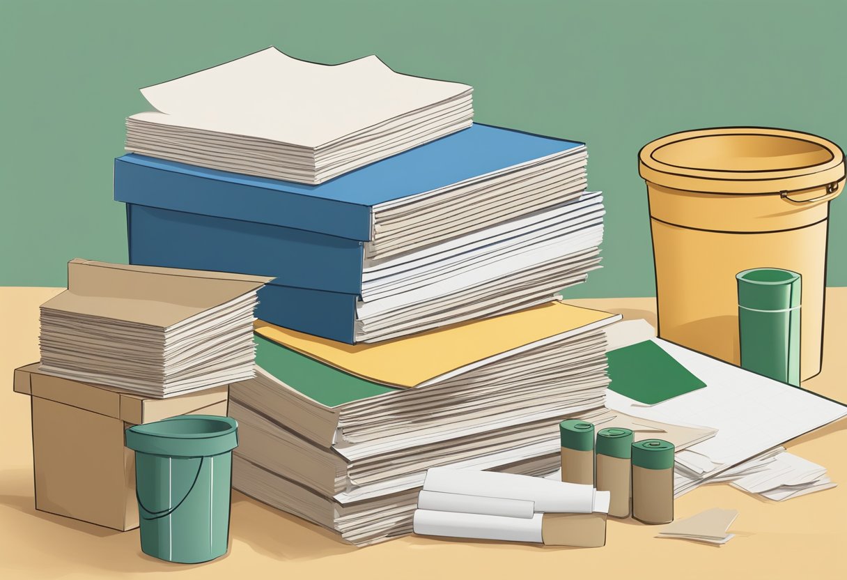 A stack of recycled paper, a pile of cardboard scraps, and a bin of biodegradable glue sit on a table, ready to be transformed into zero waste notebooks