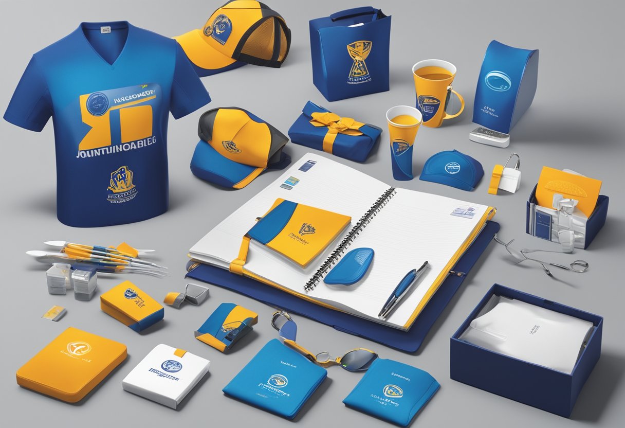 A table displaying various branded corporate gifts with customization options. Logoed products and promotional items are showcased in a professional setting