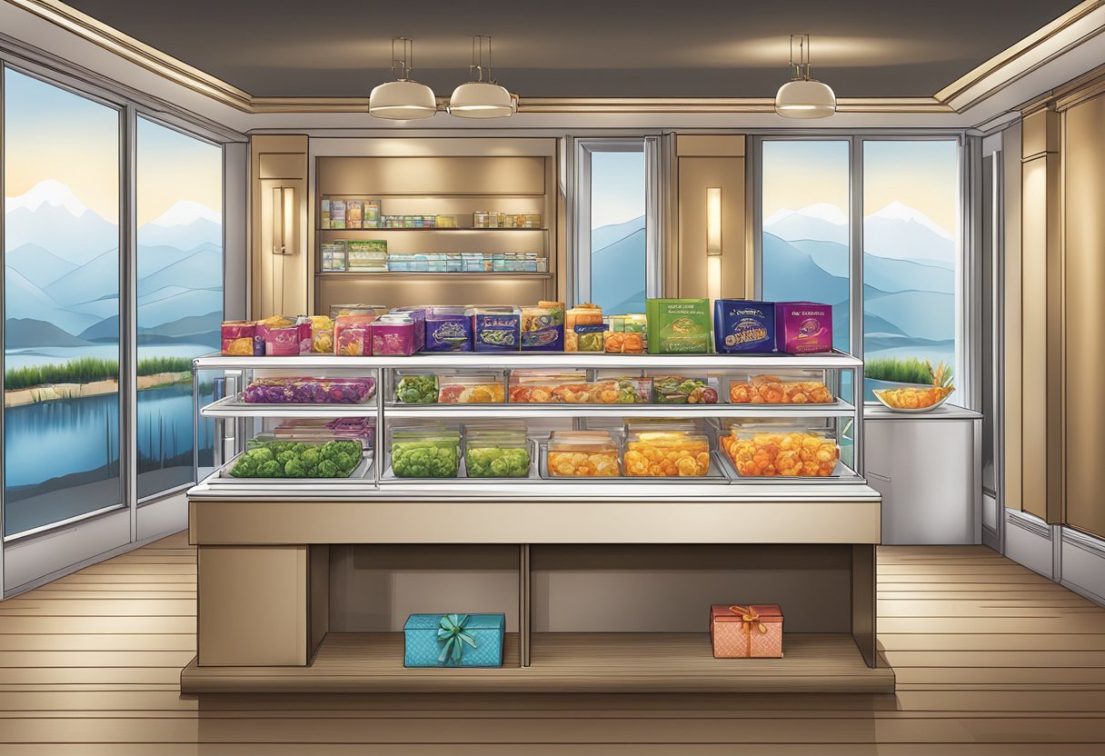 A table displays various door gift options, including branded merchandise and elegant packaging. Bright lighting highlights the products, creating an inviting display