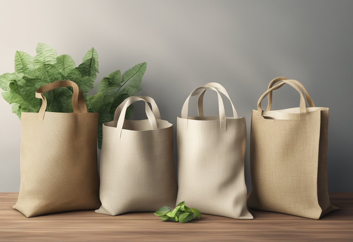 Various eco bags made from jute, cotton, and recycled materials displayed on a wooden table with natural lighting