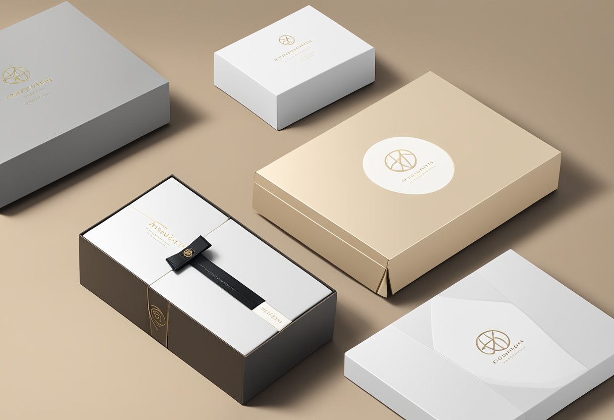 A sleek, modern gift box surrounded by elegant packaging materials and a logo prominently displayed