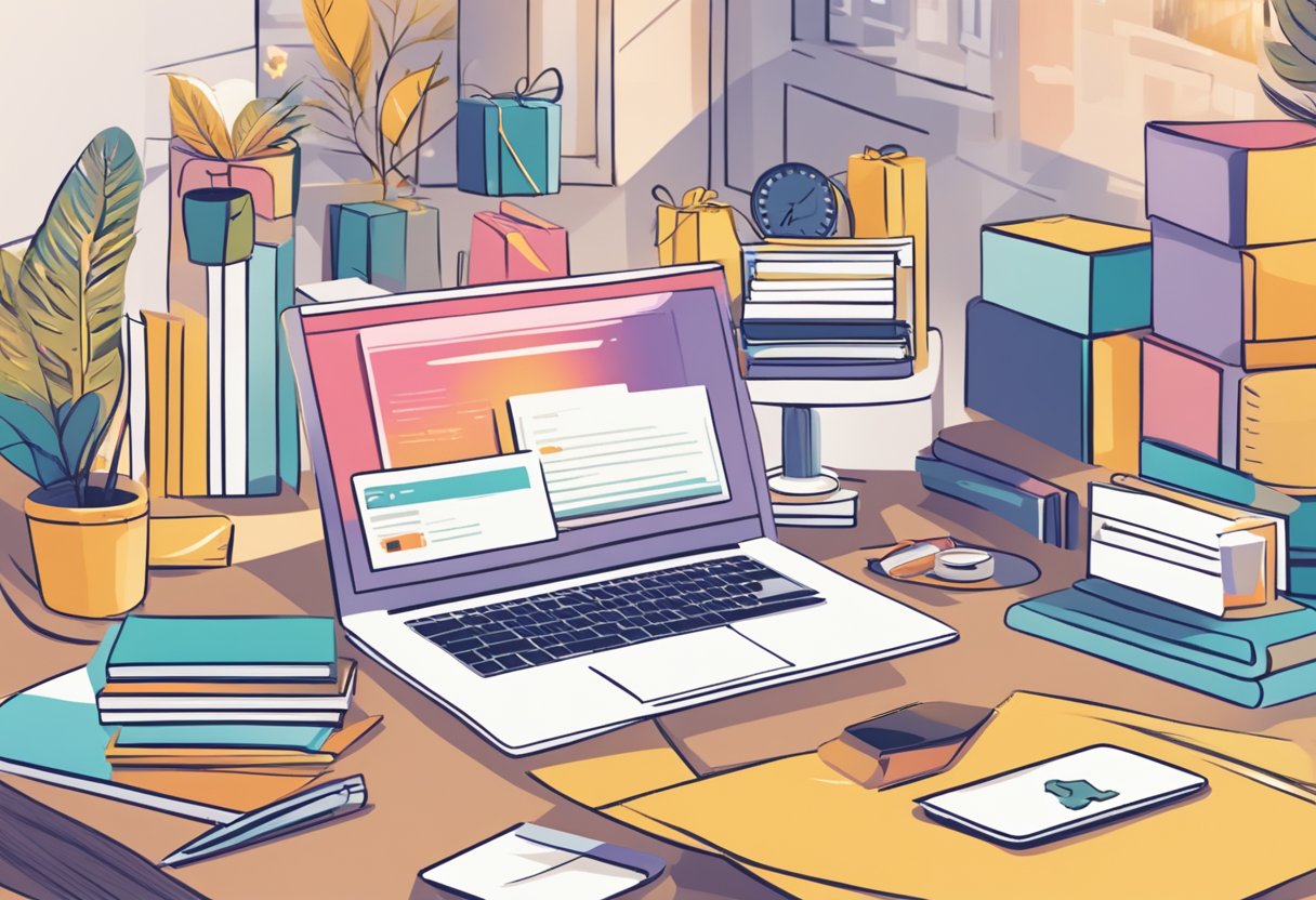 A table stacked with custom gifts, a laptop displaying "Frequently Asked Questions," and a person answering inquiries