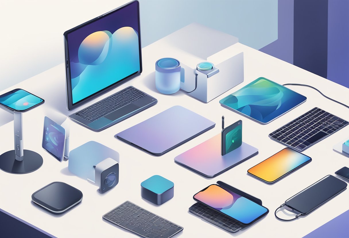 A hand reaches for a sleek, modern tech gadget on a display table, surrounded by other high-tech corporate gifts
