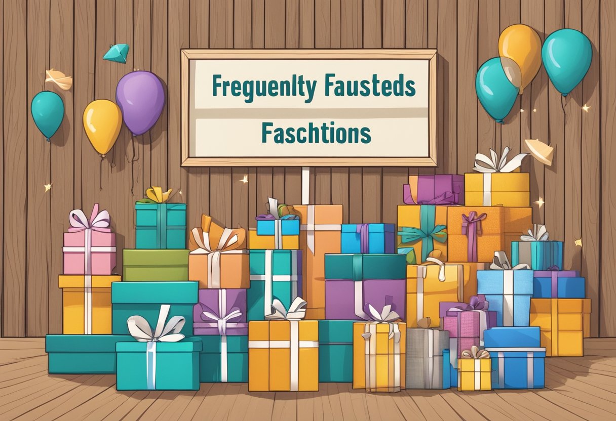 A wooden corporate gift display with a sign reading "Frequently Asked Questions" surrounded by various gift options