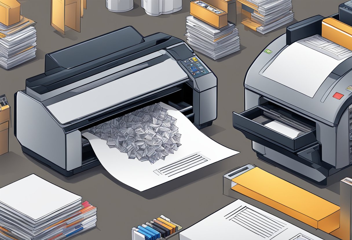 A printer producing custom designs on various items. Ink cartridges and paper stacked nearby